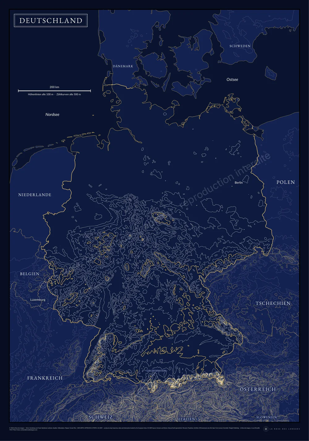 L’Allemagne — Courbes de niveau, bleu nuit — carte murale