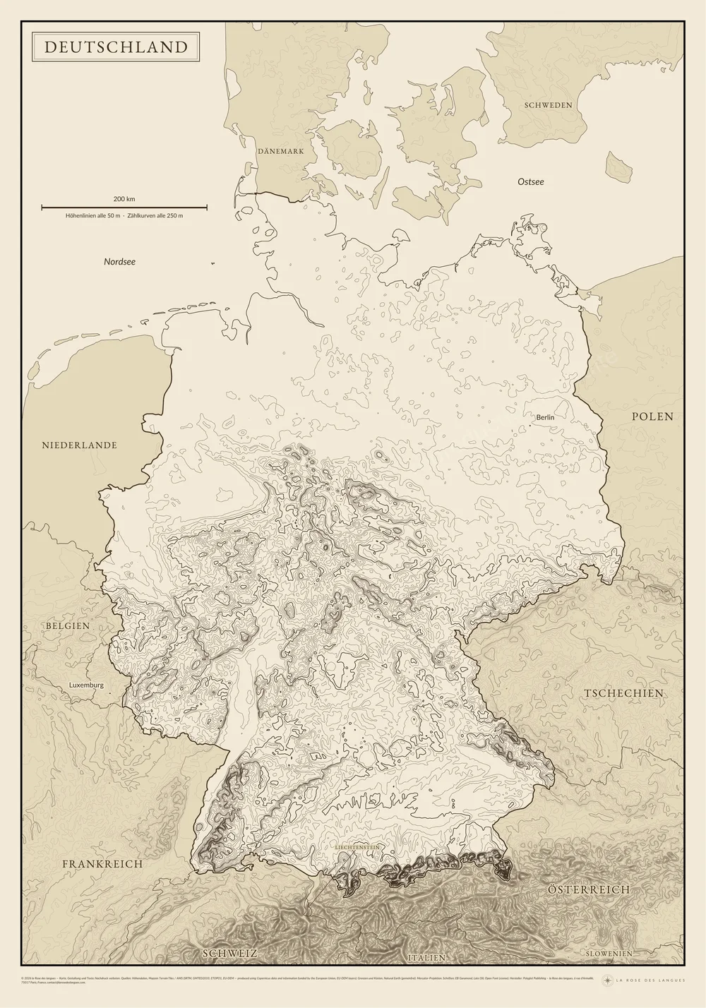 L’Allemagne — Courbes de niveau, sépia — carte murale