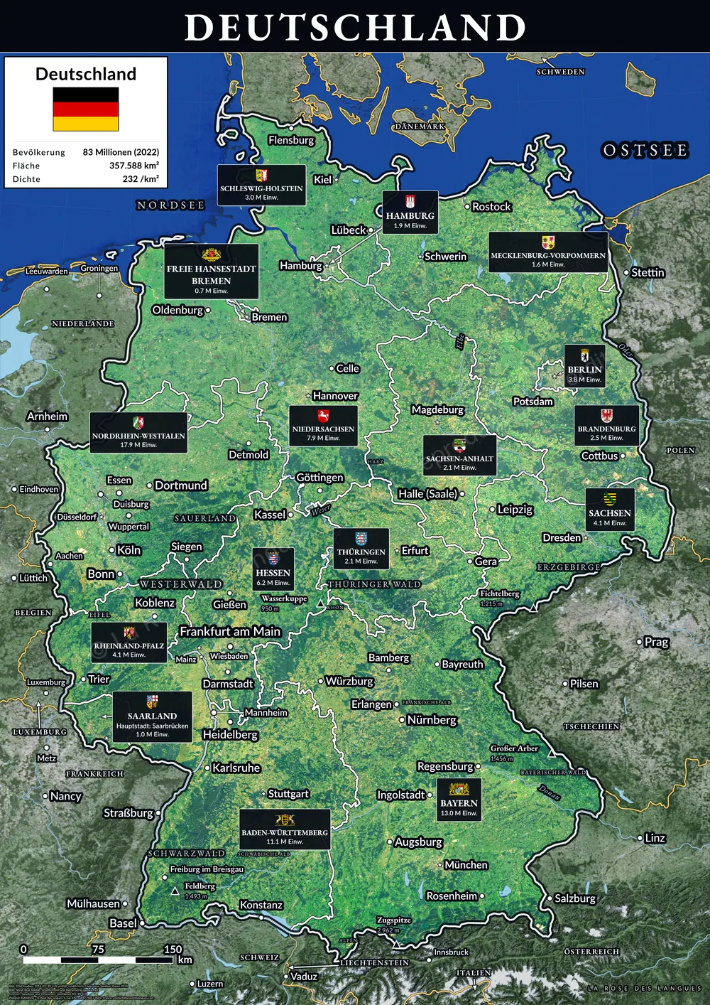L’Allemagne, Land par Land — Avec le titre en bandeau — carte murale