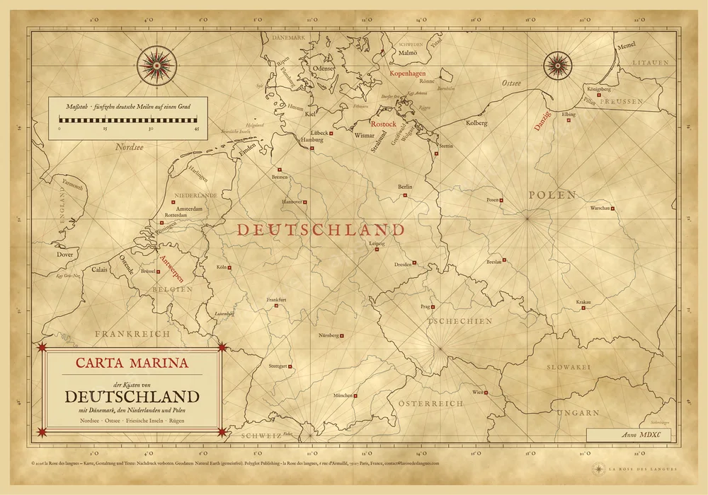 L’Allemagne — Portulan aux roses des vents — carte murale