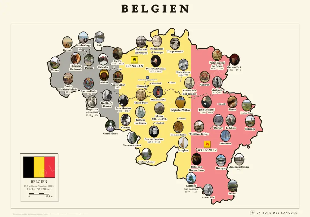 Belgien illustriert — Regionen in Farbe — Wandkarte