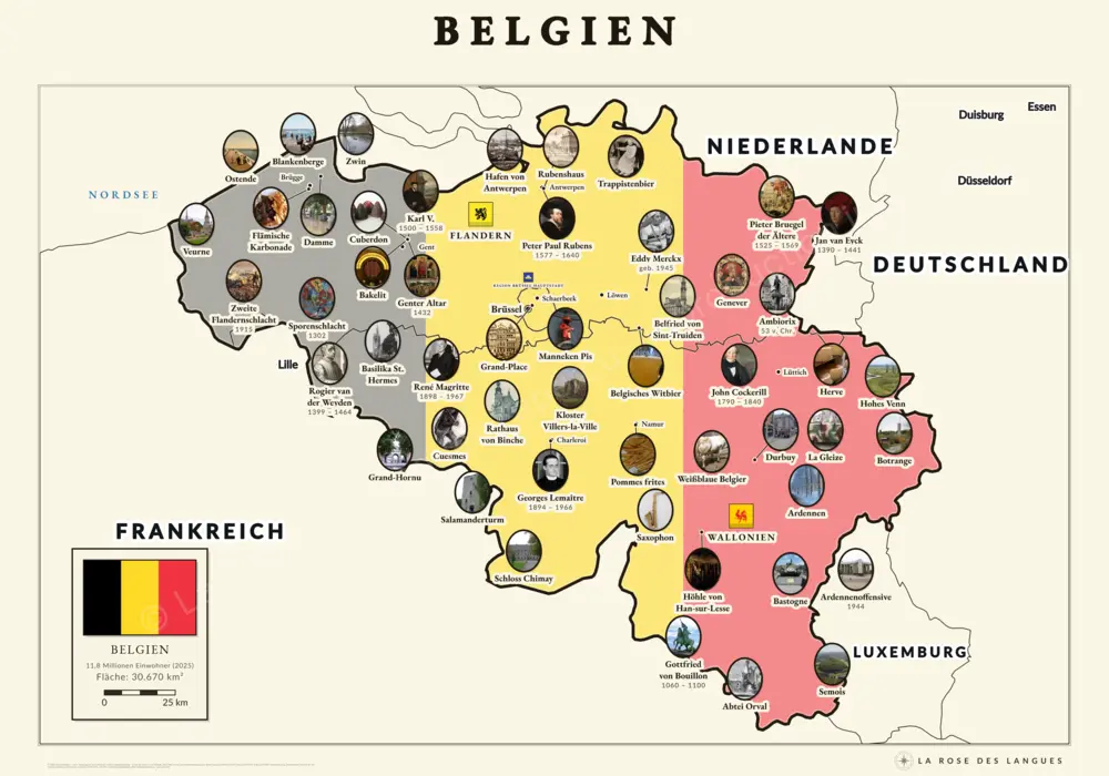 Belgien illustriert — Regionen in Farbe, mit den Nachbarn — Wandkarte