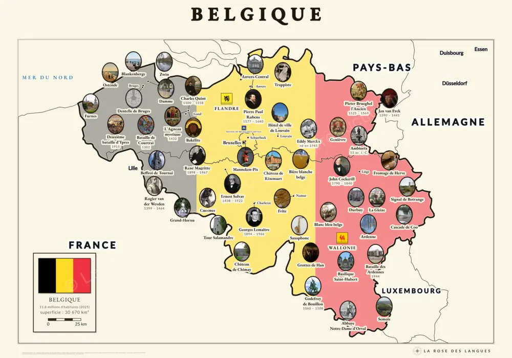 La Belgique illustrée — Régions en aplats, avec les voisins — carte murale