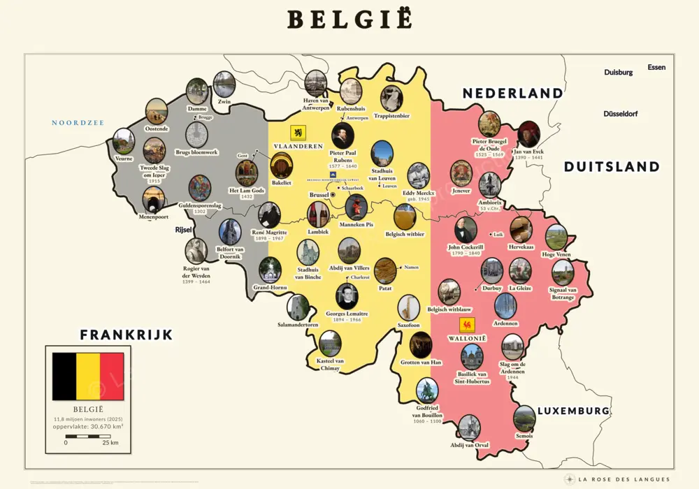België geïllustreerd — Regio’s in kleur, met de buurlanden — wandkaart