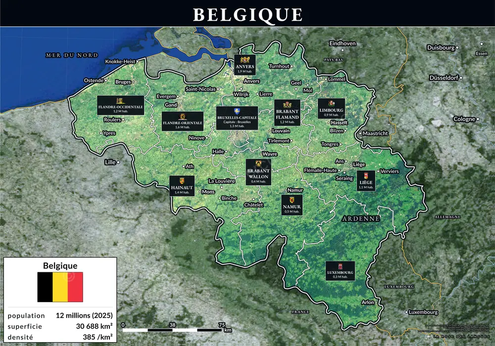 La Belgique, province par province — Avec le titre en bandeau — carte murale