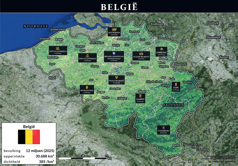 België, provincie per provincie — Met de titel in een strook — wandkaart