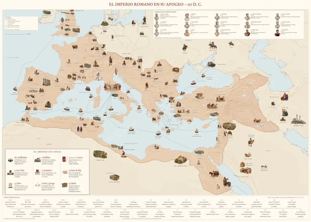 El Imperio romano en su apogeo, en 117 — Mapa ilustrado — mapa mural