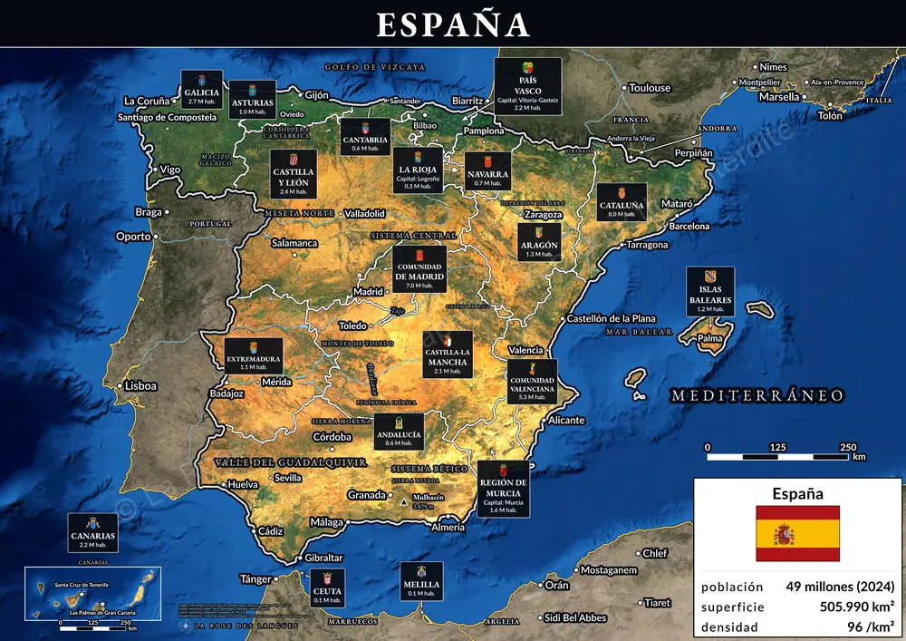 L’Espagne, communauté par communauté — Avec le titre en bandeau — carte murale