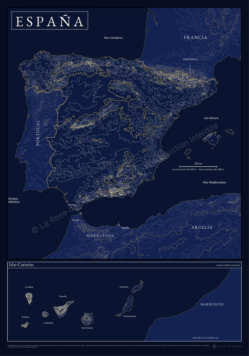L’Espagne — Courbes de niveau, bleu nuit — carte murale