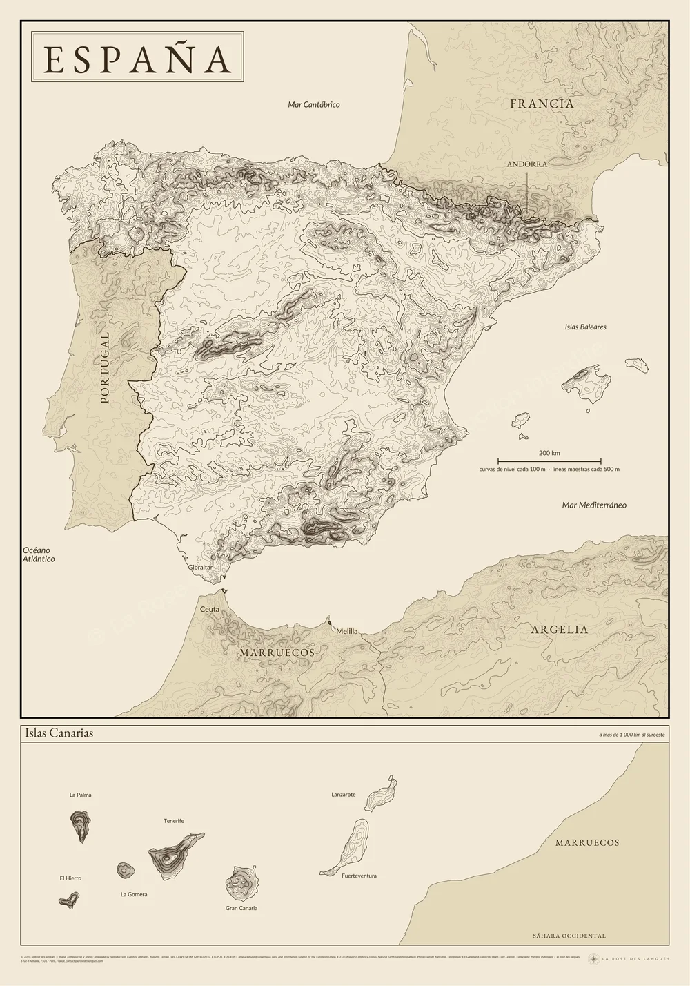 L’Espagne — Courbes de niveau, sépia — carte murale