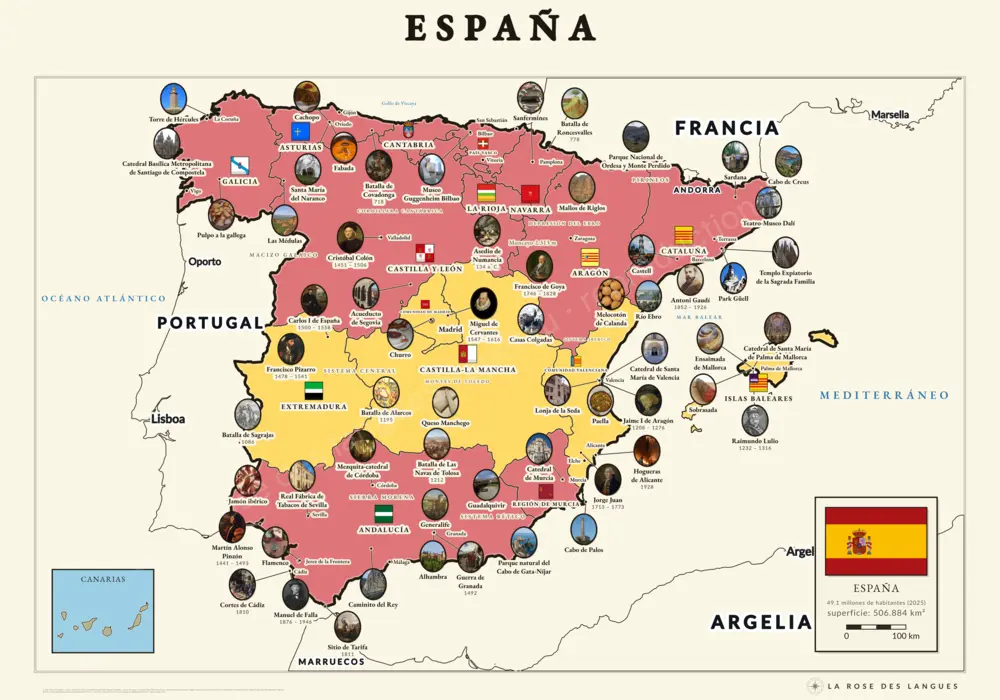 L’Espagne illustrée — Régions en aplats, avec les voisins — carte murale