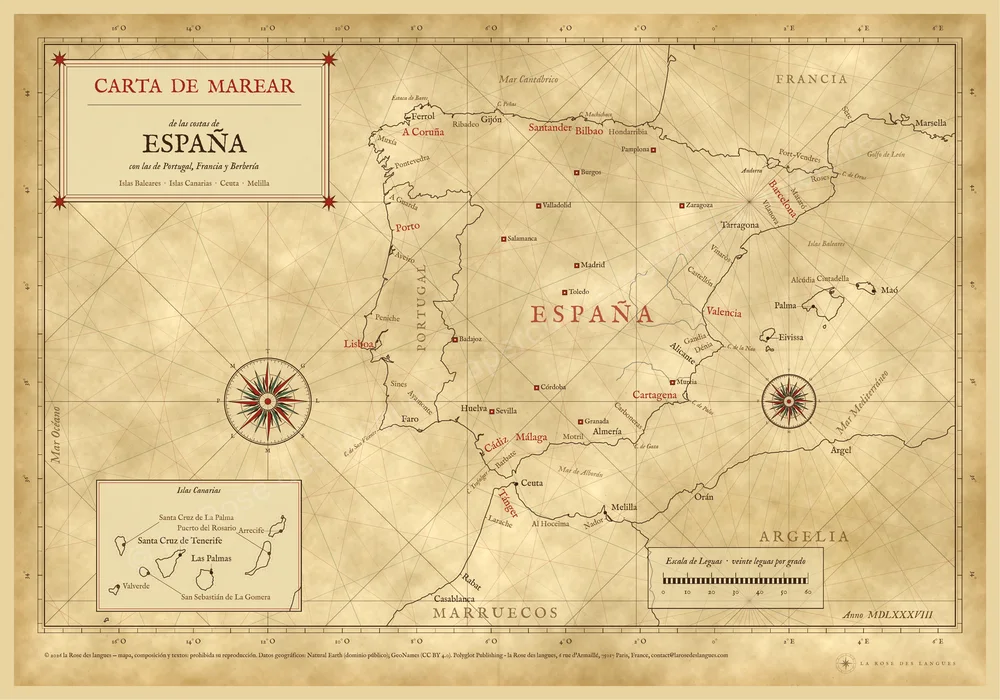 L’Espagne — Portulan aux roses des vents — carte murale