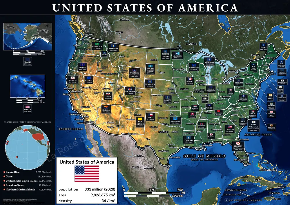Les États-Unis, État par État — Avec le titre en bandeau — carte murale