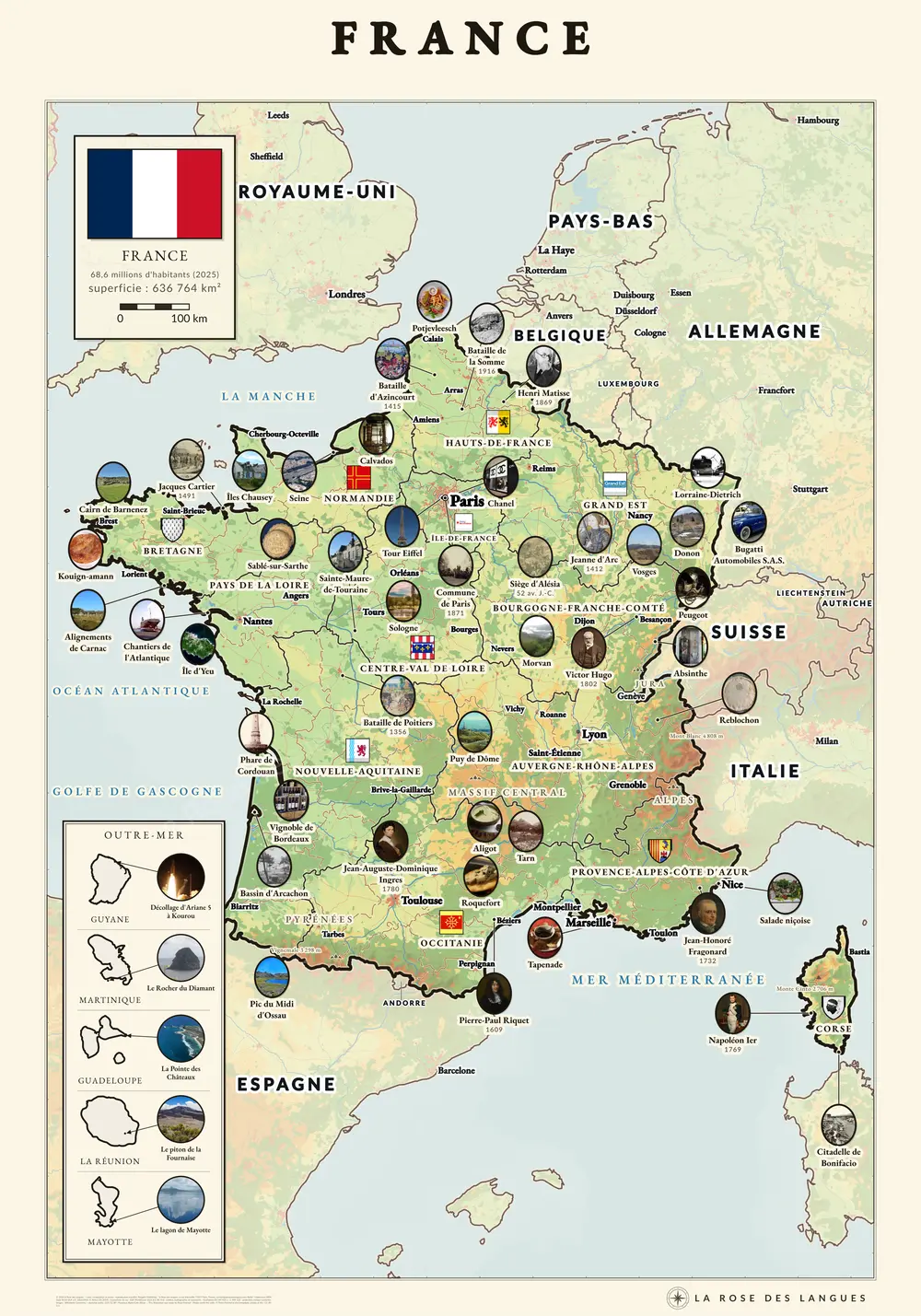 La France illustrée, 13 régions — Relief en couleurs — carte murale