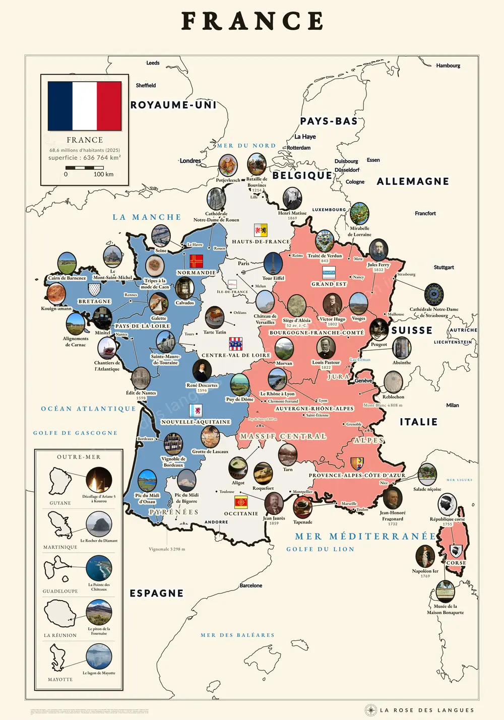La France illustrée, 13 régions — Régions en aplats, avec les voisins — carte murale