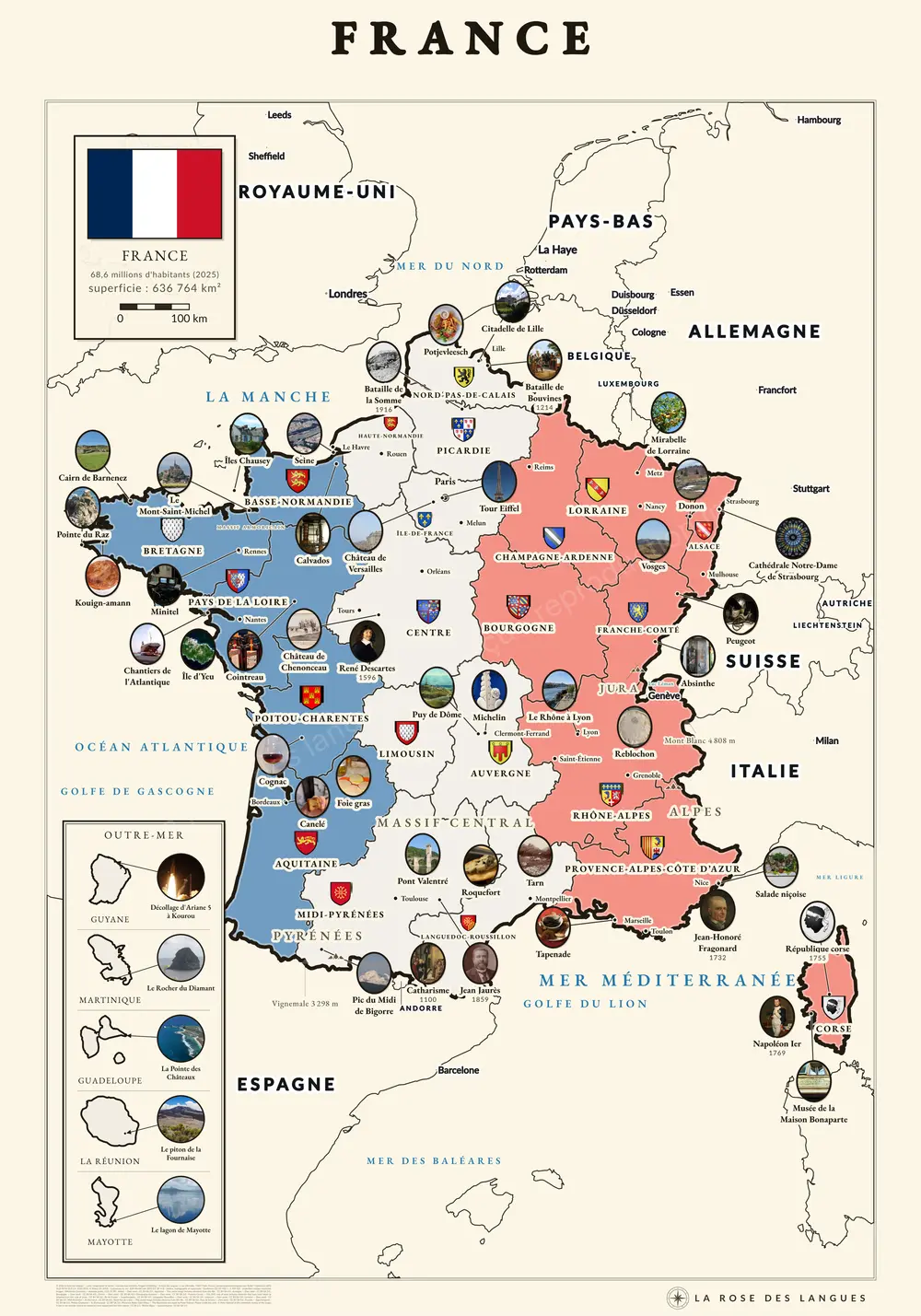 La France illustrée — Régions en aplats, avec les voisins — carte murale