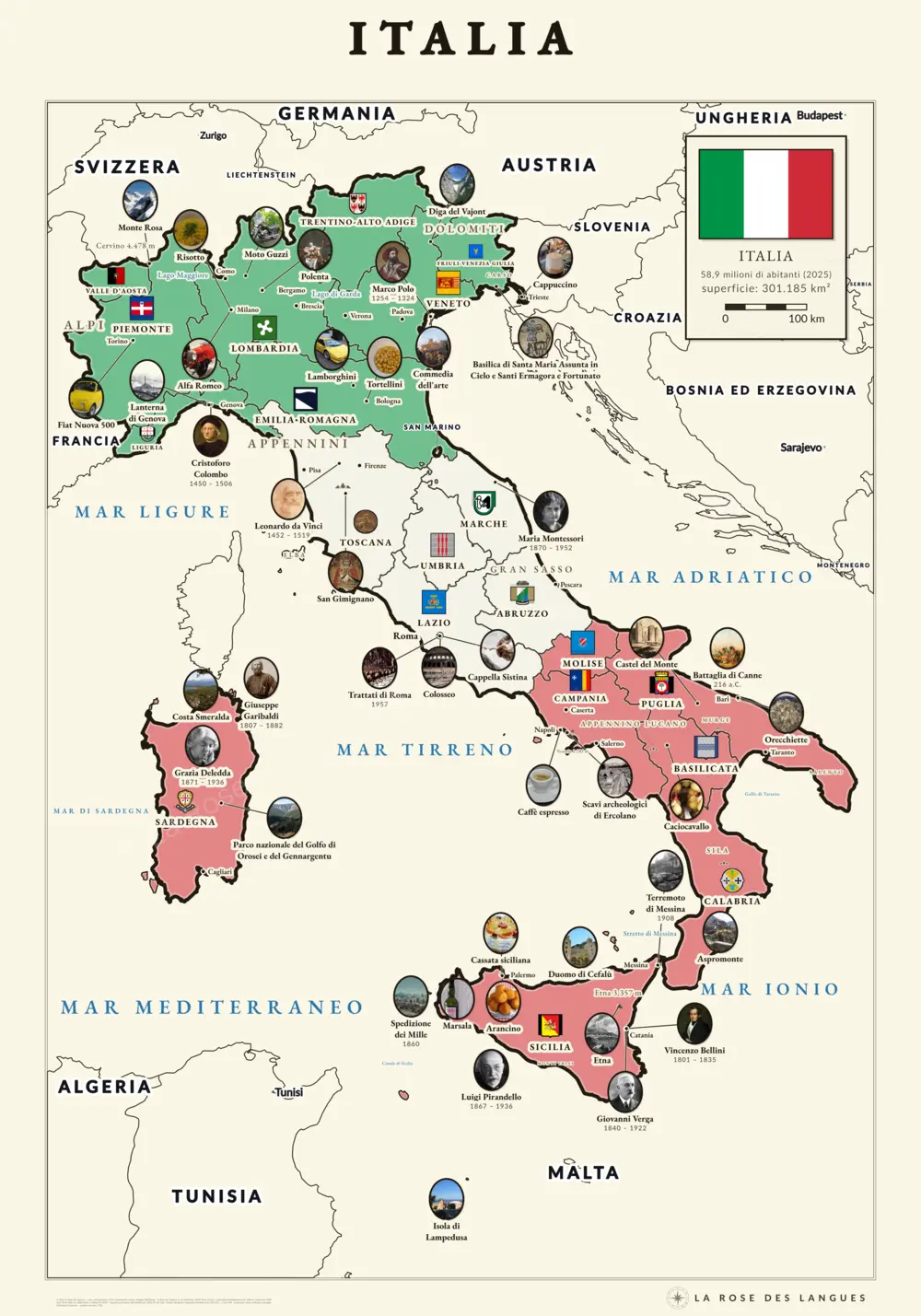 L’Italie illustrée — Régions en aplats, avec les voisins — carte murale