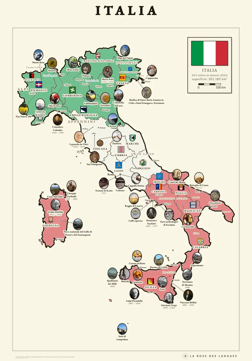 L’Italie illustrée — Régions en aplats — carte murale