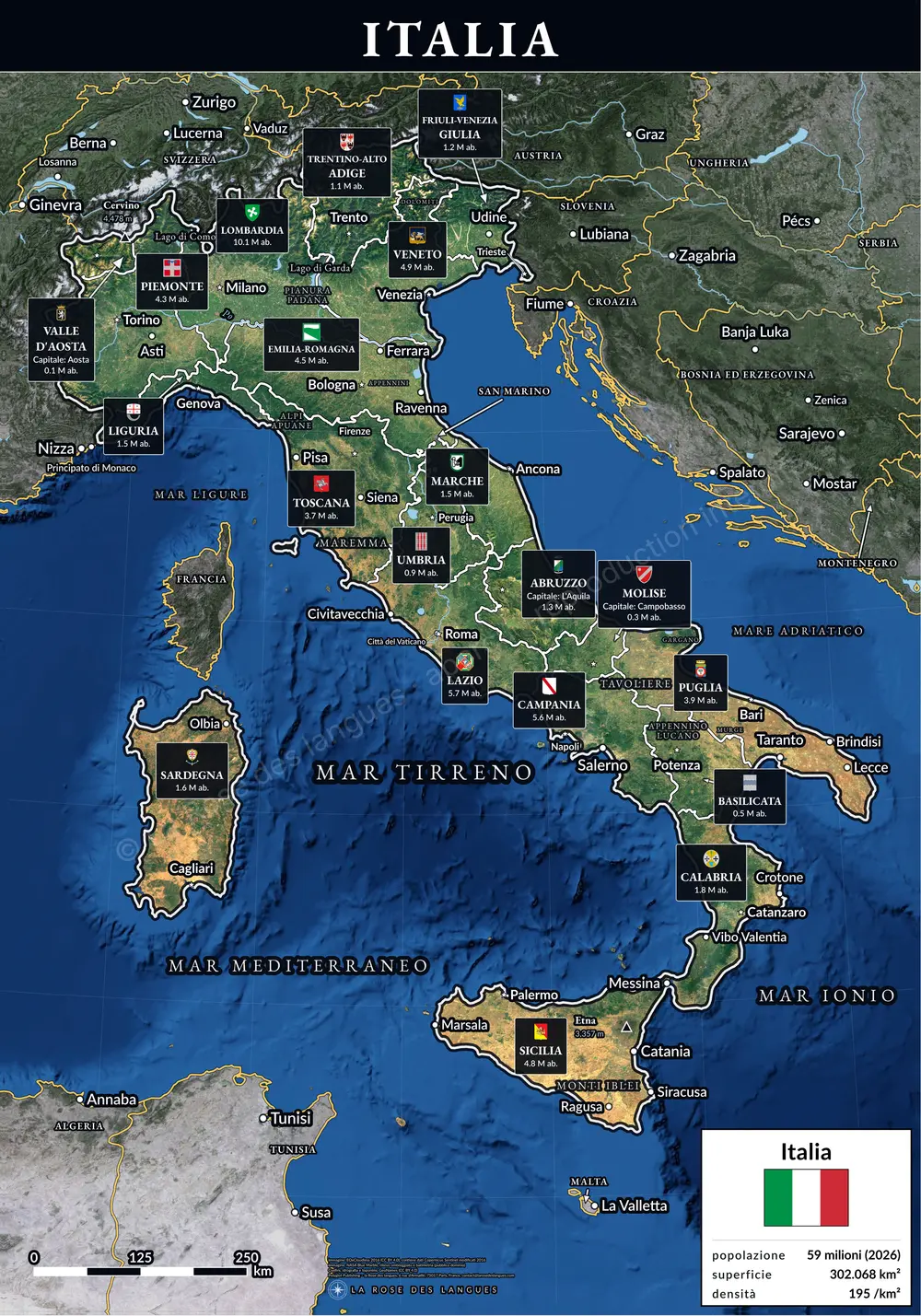 L’Italie, région par région — Avec le titre en bandeau — carte murale