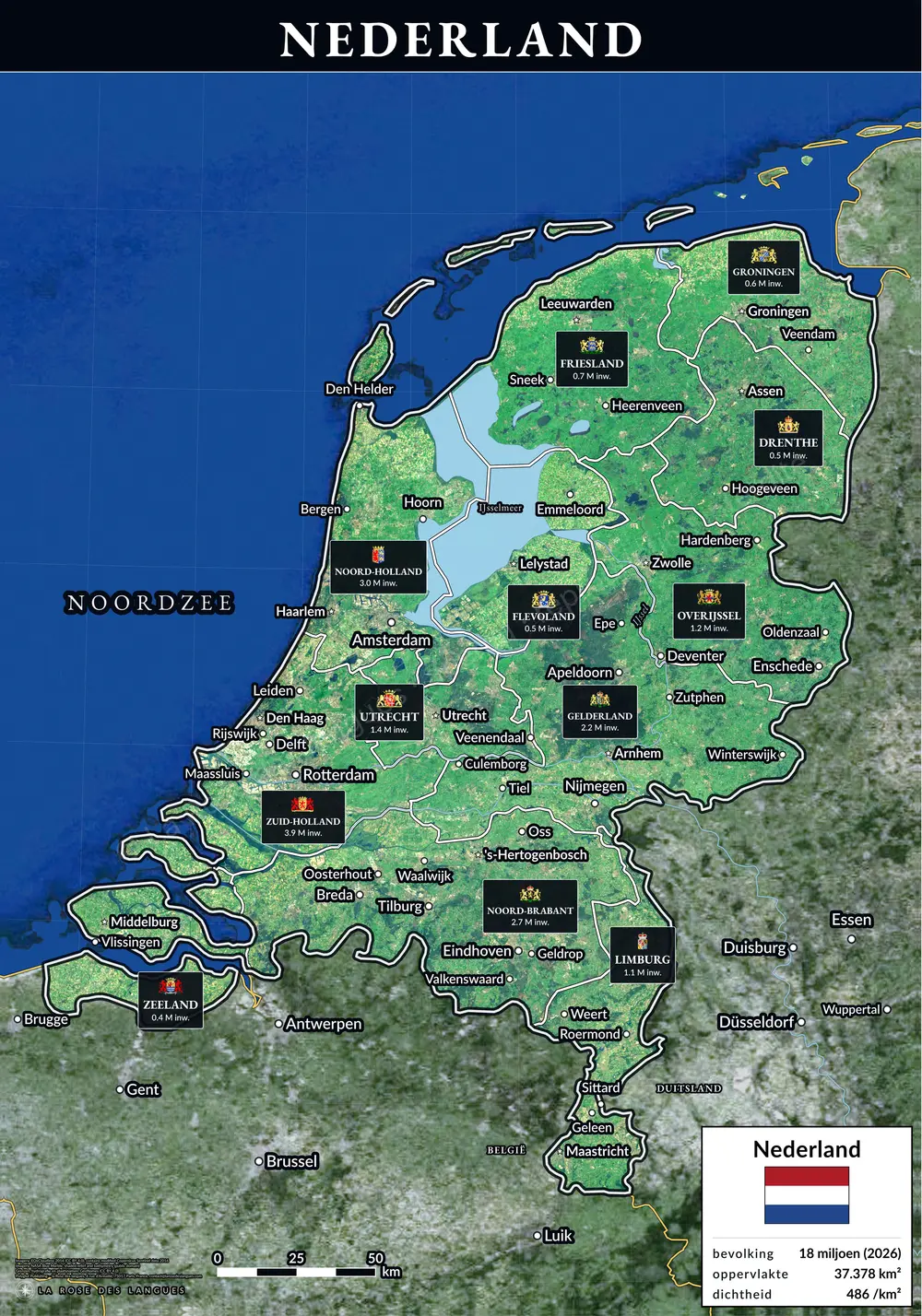 Les Pays-Bas, province par province — Avec le titre en bandeau — carte murale