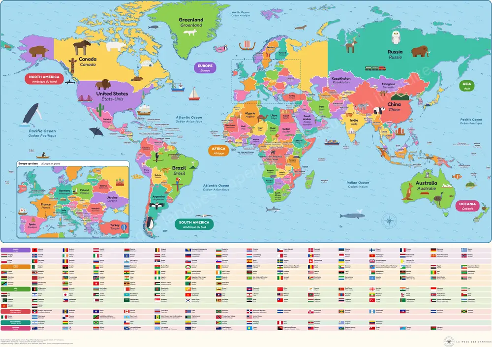 The Children's World Map — Illustrated map — wall map in two languages