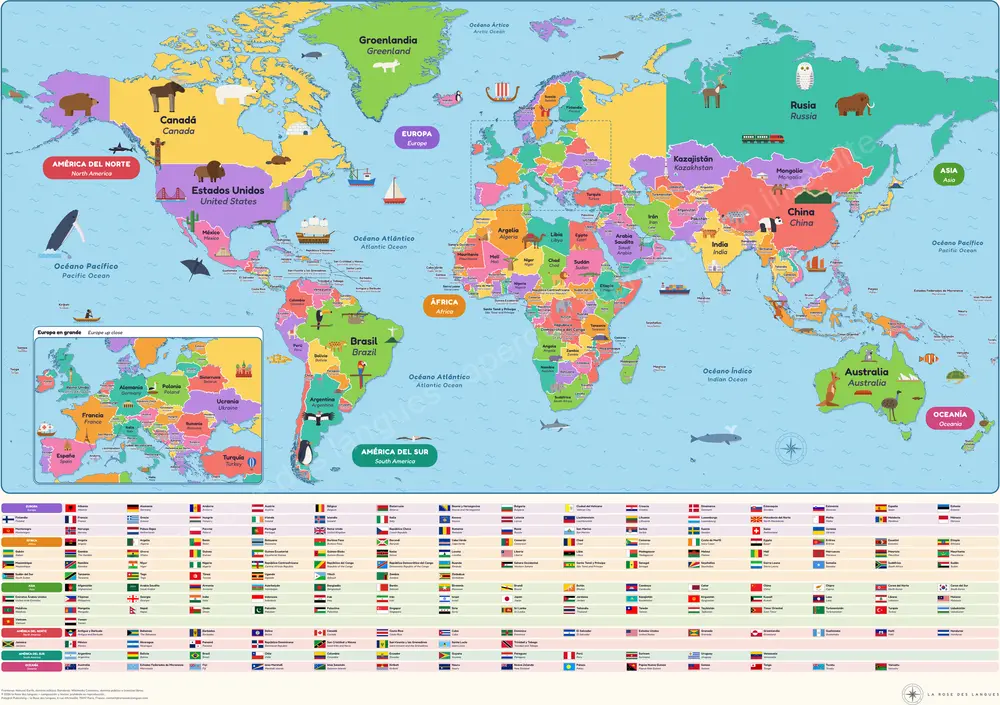 El planisferio infantil — Mapa ilustrado — mapa mural en dos idiomas