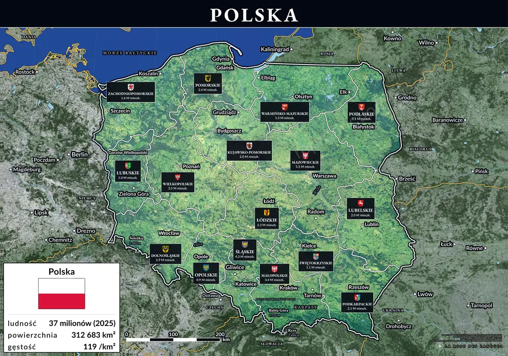 La Pologne, voïvodie par voïvodie — Avec le titre en bandeau — carte murale
