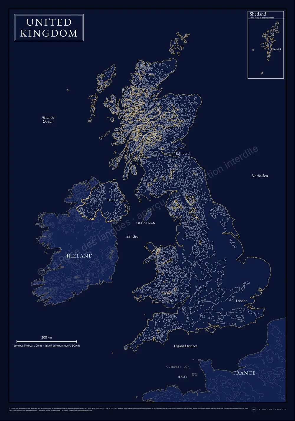 Le Royaume-Uni — Courbes de niveau, bleu nuit — carte murale