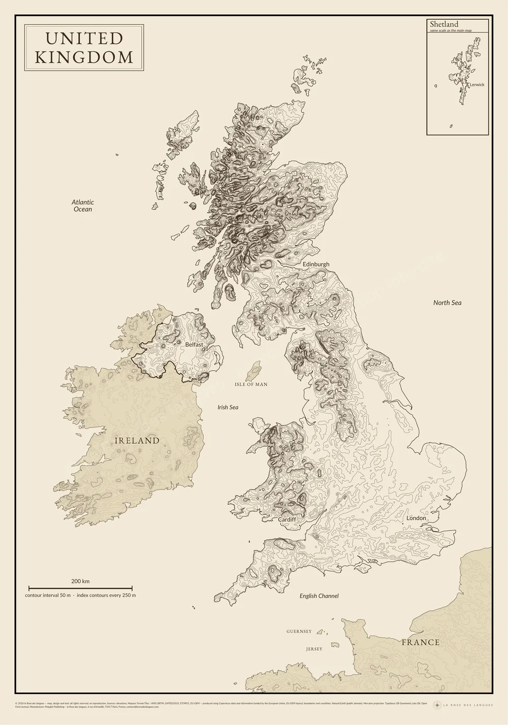Le Royaume-Uni — Courbes de niveau, sépia — carte murale