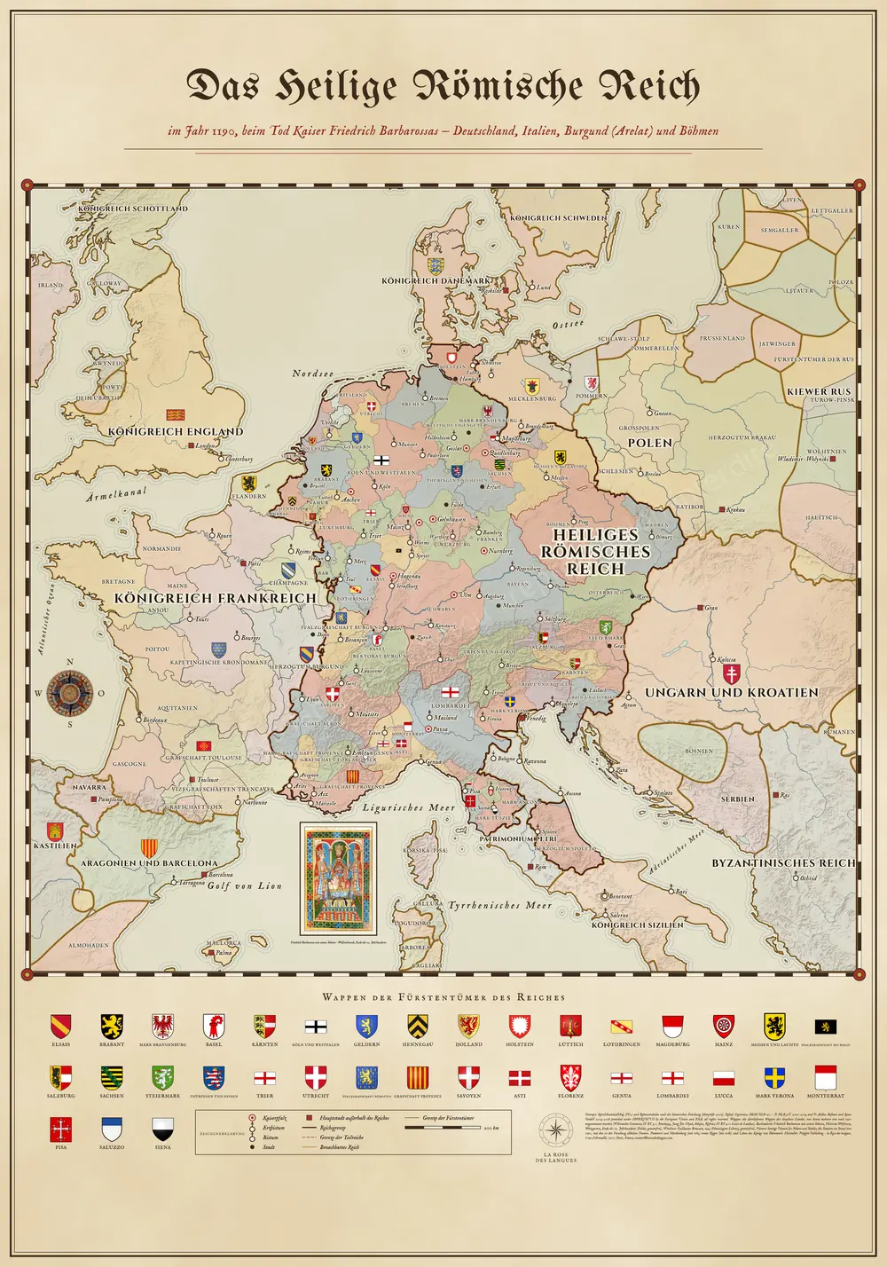 Das Heilige Römische Reich im Jahr 1190 — Heraldische Karte — Wandkarte