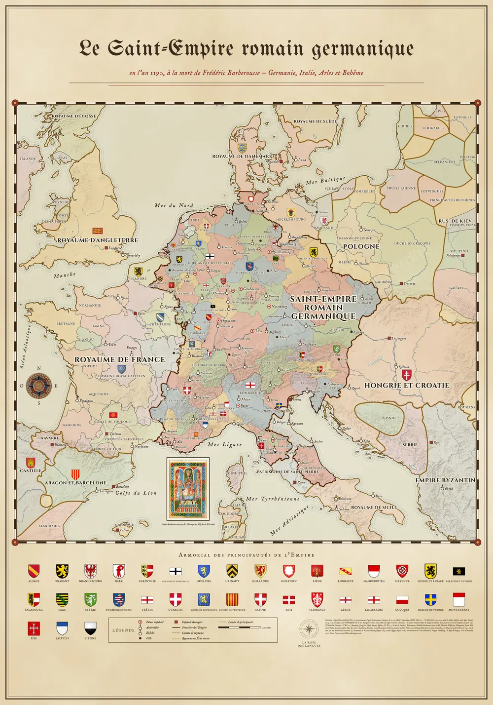 Le Saint-Empire romain germanique en 1190 — Carte héraldique — carte murale