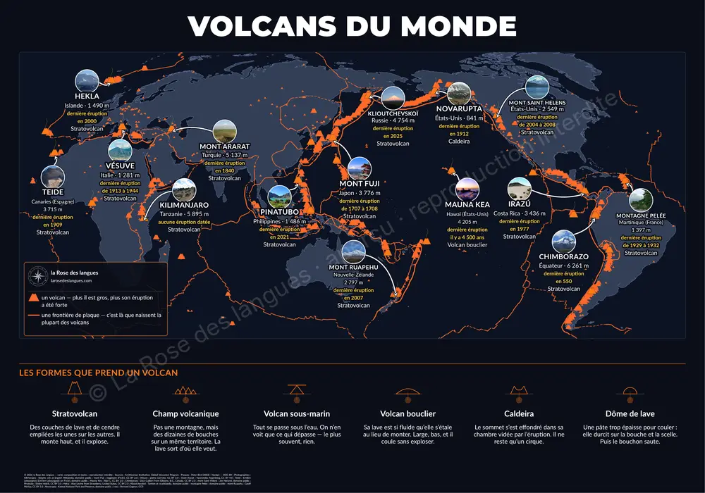 Volcans du monde — Centrée sur le Pacifique — carte murale